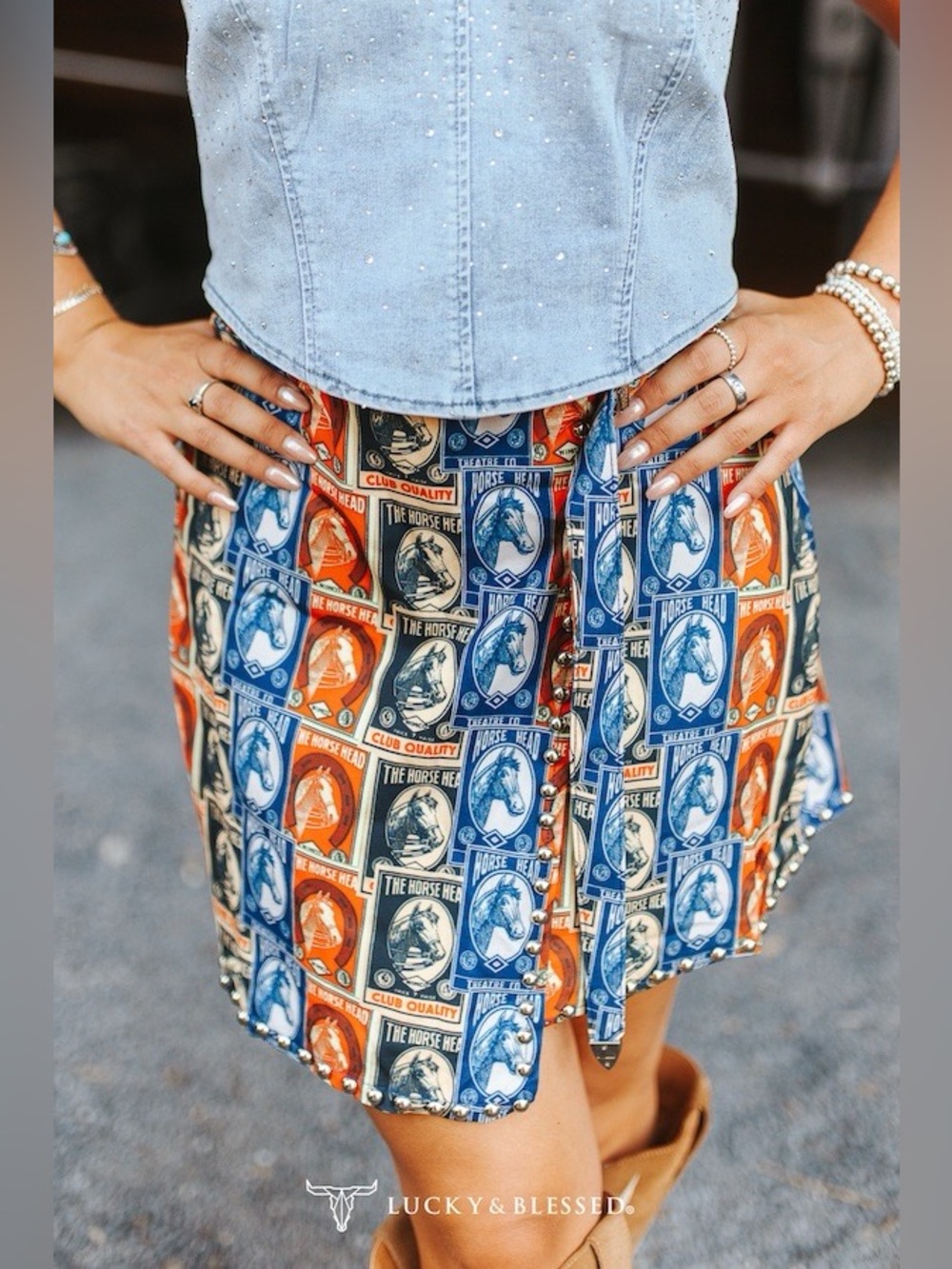 Lucky & Blessed Collage Western Printed High Rise Wrap Studded Buckle Skort